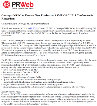 10/5/2013 - Concepts NREC to Present New Product at ASME ORC 2013 Conference in Rotterdam 10/5/2013 - Concepts NREC to Present New Product at ASME ORC 2013 Conference in Rotterdam
